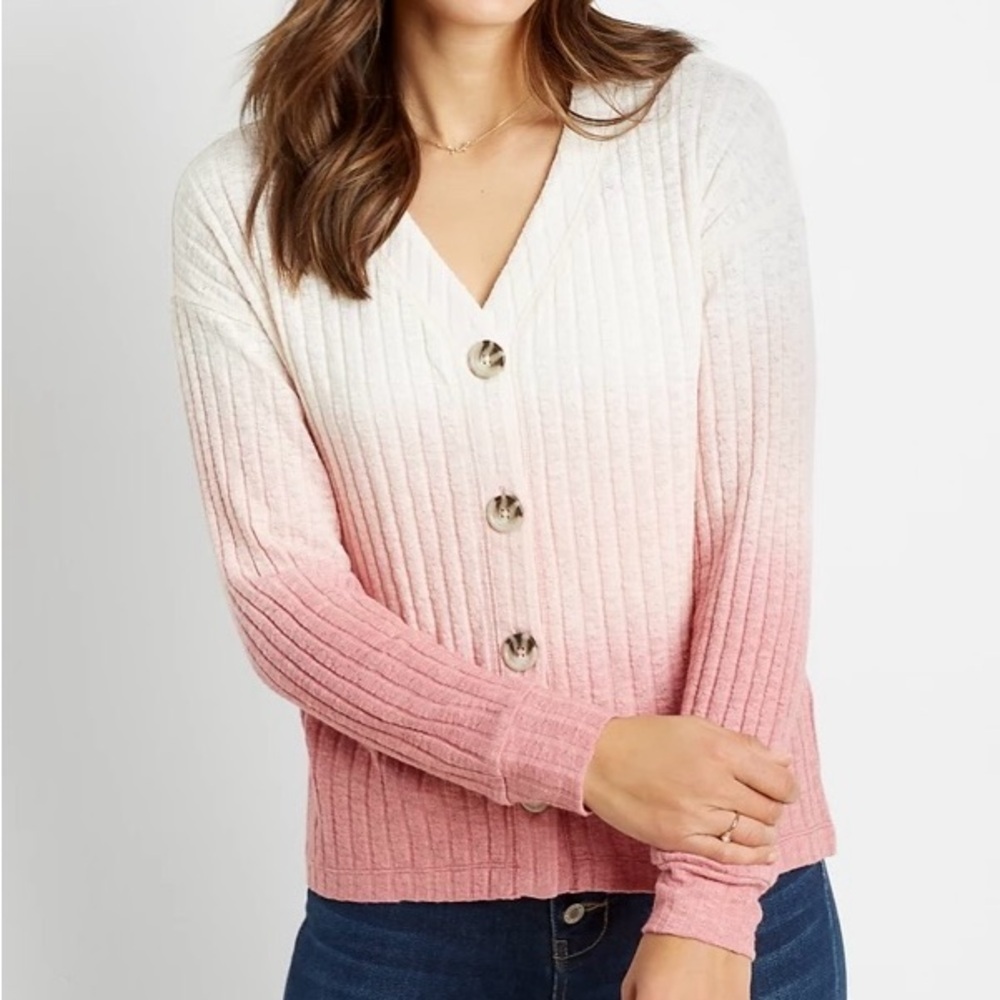 Maurices Pink Ombré Top V-neck Button Front Ribbed Long Sleeve Medium Women’s